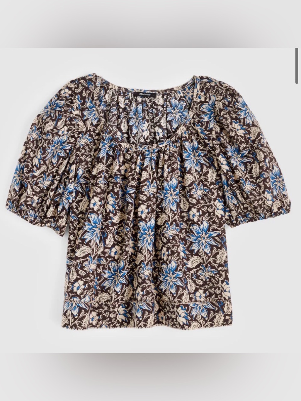 Madewell Puff-Sleeve Scoopneck Floral Peasant Top in Blue and Brown